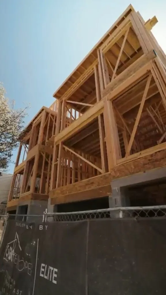 The timber framing of the penthouse level