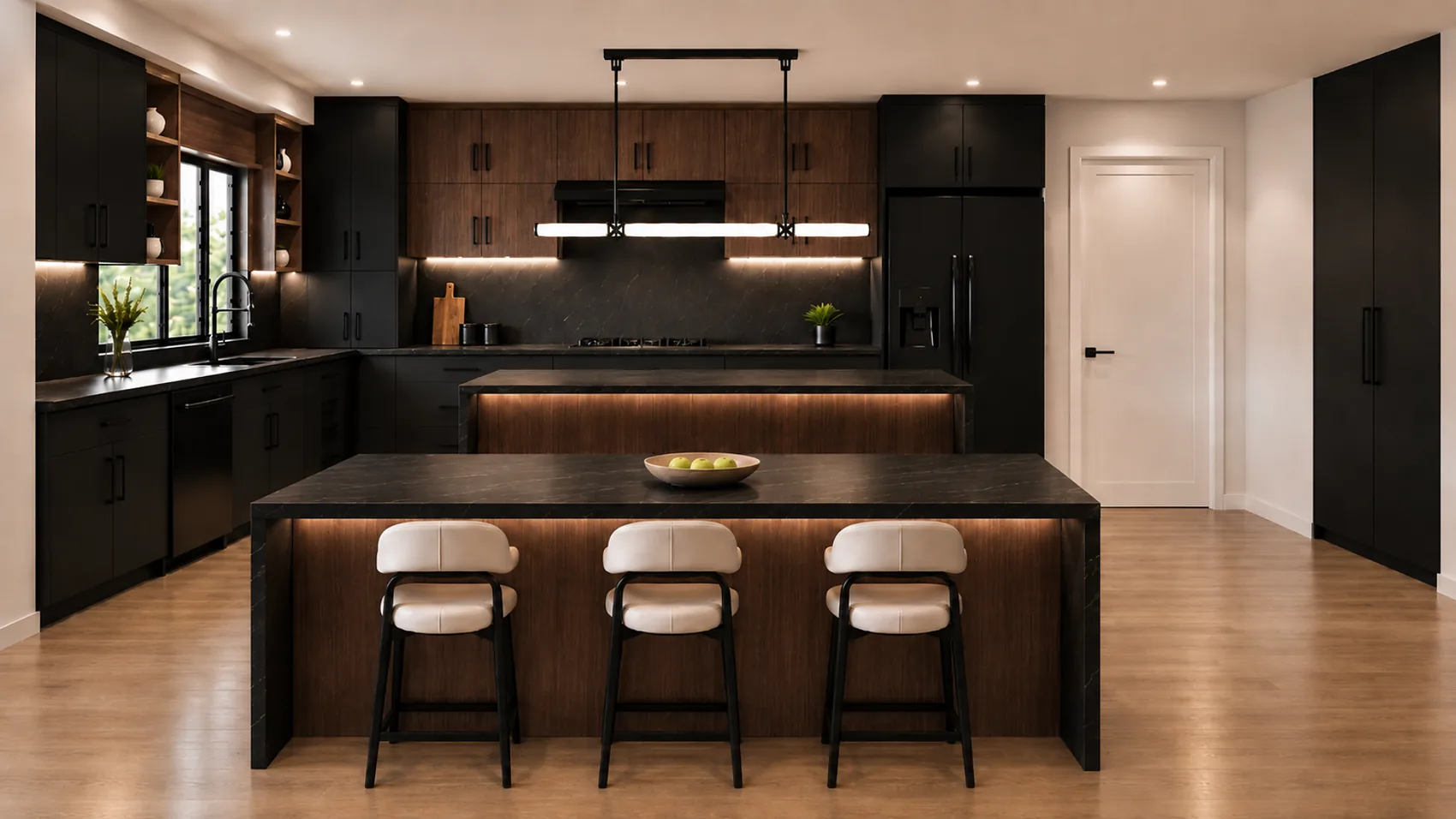 The same penthouse kitchen in the Rustic Burgundy colorway, with dark walnut cabinetry
