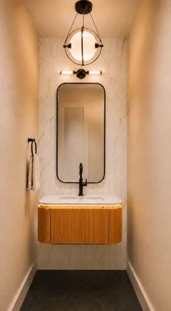 Powder room vanity in the Rustic Burgundy colorway