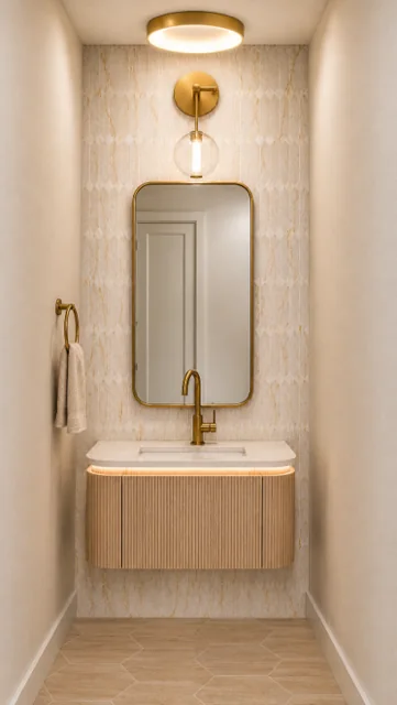Powder room vanity in the Marblestone Gray colorway