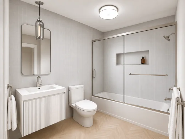 The hall bathroom in the Marblestone Gray colorway