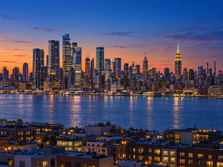 Recreación con IA del skyline iluminado de Midtown al otro lado del Hudson, al anochecer