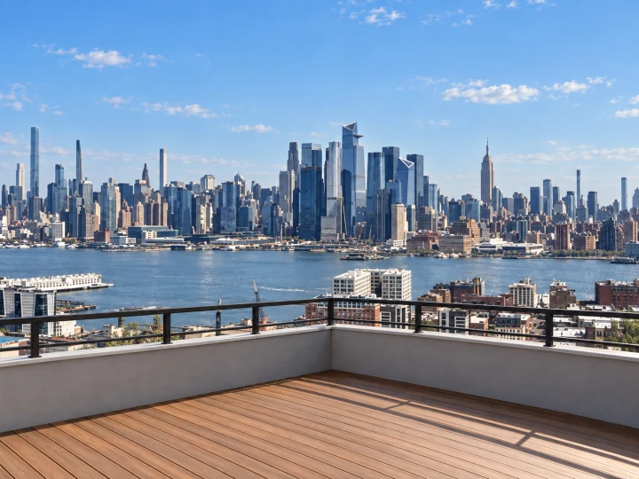 Concepto con IA de una terraza vacía con deck, muro bajo, baranda negra y una vista aproximada hacia Manhattan